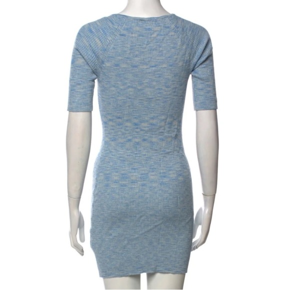 LPA Blue Knit Woven Ribbed Bodycon Tie Front Short Sleeved Scoop Neck Mini Dress - Picture 15 of 15